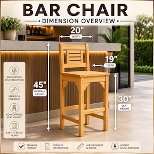 May include: A light-coloured wooden bar chair with a slatted backrest and four legs. Text overlays indicate dimensions: 20 inches width, 19 inches depth, 45 inches overall height, and 30 inches seat height. The graphic includes labels for solid wood construction.