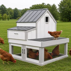May include: A white and gray wooden chicken coop with a dark metal roof, featuring a raised nesting box, a lower wire mesh enclosure with double doors, and a flat platform area, surrounded by several brown chickens on a green lawn.