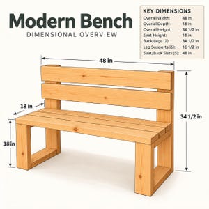 Puede incluir: Un banco de madera con respaldo y listones en el asiento, con el texto Modern Bench Dimensional Overview y Key Dimensions. El diagrama muestra un ancho total de 48 pulgadas, profundidad de 18 pulgadas y altura de 34 1/2 pulgadas, asiento a 18 pulgadas.