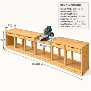 May include: A light-colored wooden miter saw workstation with a central saw platform, multiple storage drawers, and open shelving. Dimensions include an overall width of 16 ft (192 in), depth of 24 in, and height of 36 in, with a 31.5 in saw opening.