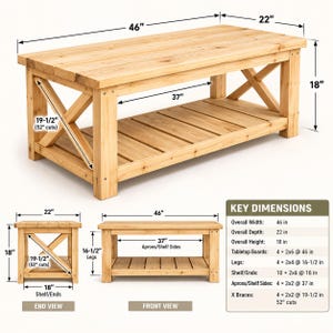 Puede incluir: Una mesa de centro de madera marrón claro con un estante inferior de listones y refuerzos laterales en forma de X. La mesa mide 116,8 cm de ancho, 55,9 cm de profundidad y 45,7 cm de alto. Incluye diagramas técnicos con medidas detalladas.