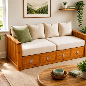 May include: A wooden sofa with a natural finish featuring three integrated storage drawers at the base. The seating includes two thick off-white cushions, three matching back cushions, and one square olive green accent pillow.
