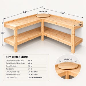 Puede incluir: Un banco de trabajo de madera en forma de L con acabado de veta de madera clara, que incluye un estante inferior y una parte superior giratoria circular en la esquina. Las dimensiones indicadas son 84 pulgadas de largo, 60 de profundidad y 36 de alto.