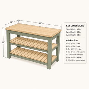 May include: A wooden workbench with a light wood top and two slatted shelves, supported by a sage green frame. The overall dimensions are 48 inches wide, 22 inches deep, and 36 inches high, with a detailed list of component sizes provided.