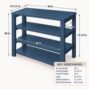Pode incluir: Uma mesa console de madeira azul com três prateleiras horizontais. A unidade possui quatro pernas verticais e um topo retangular. As dimensões indicadas são 36 polegadas de largura, 14,5 polegadas de profundidade e 30 polegadas de altura.