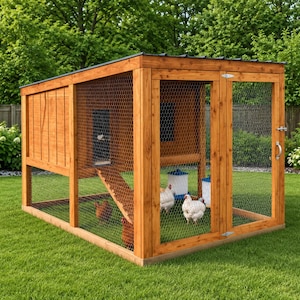 May include: A wooden chicken coop featuring a slanted roof, wire mesh walls, and a hinged door with a metal handle. Inside the enclosure, a wooden ramp leads to an elevated nesting area, while several chickens roam on the grass floor.