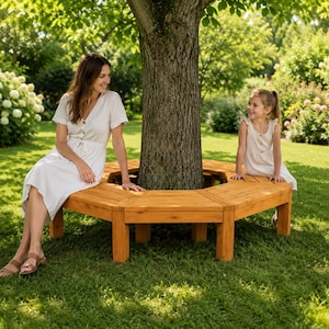 May include: A hexagonal wooden tree bench constructed from light brown planks, featuring a central opening designed to surround a tree trunk. The bench has a flat, multi-sided seat surface supported by sturdy vertical legs, providing seating.