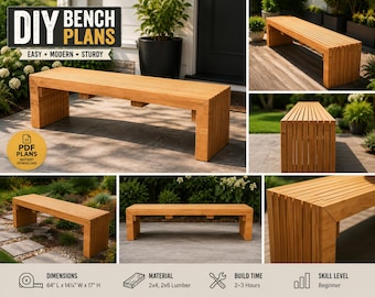 Plano de banco moderno y sencillo con listones, banco de madera simple para exteriores, plano de muebles de jardín, banco para porche, plano de banco para patio, descarga en PDF, planos de carpintería