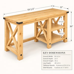 May include: A light brown wooden desk with an X-frame design, featuring two side shelves and black metal corner accents. Dimensions are 59 1/2 inches wide, 22 inches deep, and 30 inches high. The leg height is 28 1/2 inches, with 10 1/2 inch shelf spacing.
