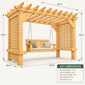 May include: A light brown wooden pergola with a hanging bench swing suspended by metal chains. The structure features lattice side panels and a slatted roof. Dimensions are 304.8 cm wide, 167.6 cm deep, 243.8 cm left side height, 251.5 cm max height, and 221 cm top span.