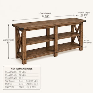 May include: A brown wooden console table with two open shelves and X-shaped side supports. The table features a rectangular top and measures 74 1/2 inches wide, 16 1/2 inches deep, and 30 inches high, with a shelf opening height of 10 1/2 inches.