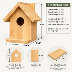 Könnte beinhalten: Ein hellbraunes hölzernes Vogelhaus mit einem Giebeldach und einem runden Eingangsloch. Das Bild enthält Text mit den wichtigsten Abmessungen, wie einer Gesamtbreite von 13,97 cm, einer Tiefe von 21,59 cm und einer Höhe von 21,59 cm.