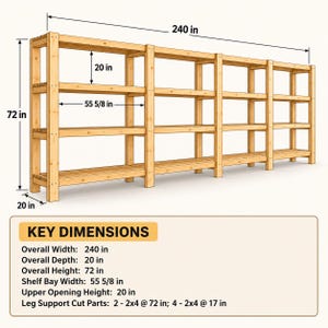 May include: A light-colored wooden shelving unit with four tiers and four bays. The structure measures 240 inches wide, 72 inches high, and 20 inches deep. The shelf bay width is 55 5/8 inches, and the upper opening height is 20 inches.