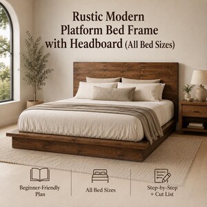 May include: A dark wood platform bed frame with a horizontal plank headboard, featuring white bedding, a textured throw, and pillows. Text reads: Rustic Modern Platform Bed Frame with Headboard (All Bed Sizes), Beginner-Friendly Plan, All Bed Sizes, Step-by-Step + Cut List.