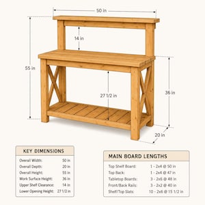 May include: A wooden potting bench with an X-frame side design, a lower shelf, and an upper shelf. The diagram displays dimensions in inches: 50 in width, 20 in depth, 55 in total height, 36 in work surface height, 14 in upper clearance, and 27 1/2 in lower opening height.