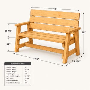May include: A light brown wooden bench with a slatted back and seat, featuring armrests and a sturdy frame. Dimension lines and text indicate an overall width of 55 inches, depth of 29 1/4 inches, and height of 38 inches, with a seat height of 18 inches.