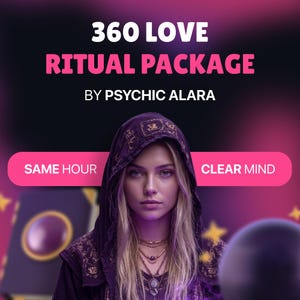 Könnte beinhalten: Werbung für ein "360 Love Ritual Package" von Psychic Alara. Das Bild zeigt eine Frau mit blonden Haaren, die einen dunkelvioletten Kapuzenmantel trägt. Der Text enthält "Same Hour" und "Clear Mind" auf rosa Bannern.