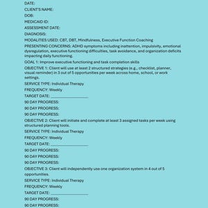 May include: A teal document headed "INDIVIDUALIZED TREATMENT PLAN." It details individual therapy goals, objectives, and service types, including CBT, DBT, and mindfulness. The plan addresses ADHD symptoms and executive functioning difficulties.