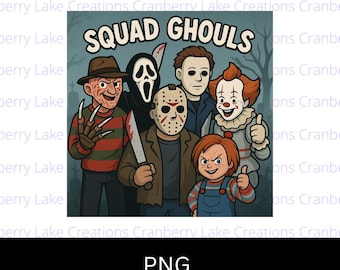 Squad Ghouls, horror movie characters, png file, Halloween images, digital download, Freddy, Jason, Chucky, Ghost Face