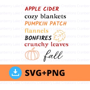 Op de afbeelding: Een oranje en witte afbeelding met herfstthema's, waaronder "Apple Cider" en "Bonfires". Een pompoen- en bladerillustratie is ook aanwezig, samen met de tekst "SVG+PNG".