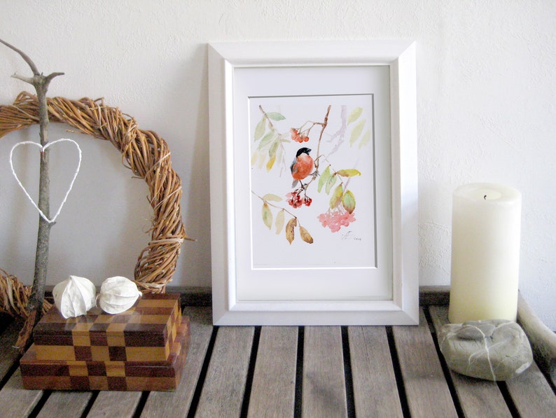 Bullfinch bird print, red bird on a branch with berries GICLEE PRINT of original watercolor image 2