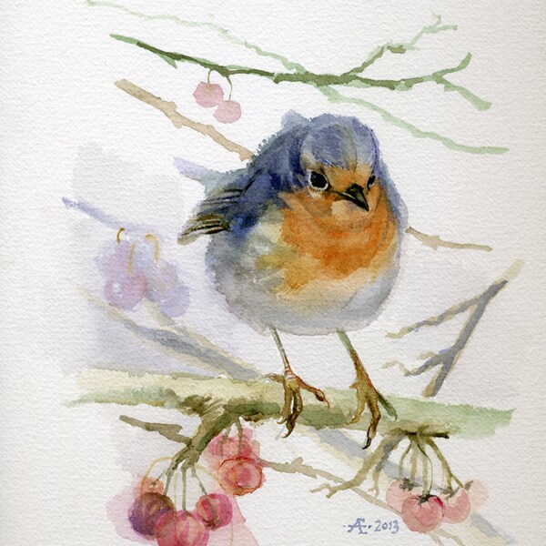 Little Red Robin With Berries, original watercolor painting, bird lover, nature lover art