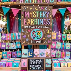 May include: A market stall display featuring rows of colorful mystery envelopes hanging from strings with wooden clips. A central sign reads MYSTERY EARRINGS HANDMADE & WHIMSICAL! $3 PER PAIR! with smaller signs stating PICK YOUR SURPRISE ENVELOPE! ONLY $3.