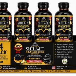 Puede incluir: Cuatro botellas de Golden Shilajit Mountain's Blood Booster en una caja negra. Cada botella tiene una tapa negra y una etiqueta dorada y roja con el nombre del producto y el texto "New 5 in 1 Rock Breaker". La caja tambi&eacute;n muestra los beneficios del producto.