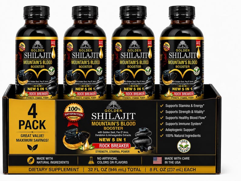 Puede incluir: Cuatro botellas de Golden Shilajit Mountain's Blood Booster en una caja negra. Cada botella tiene una tapa negra y una etiqueta dorada y roja con el nombre del producto y el texto "New 5 in 1 Rock Breaker". La caja tambi&eacute;n muestra los beneficios del producto.