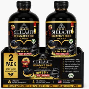Puede incluir: Dos botellas de Golden Shilajit Mountain's Blood Booster, un suplemento diet&eacute;tico, se muestran en una caja negra. Las botellas son oscuras con etiquetas doradas y rojas. La caja tiene texto que dice "2 Pack" y "Great Value! Maximum Savings!"