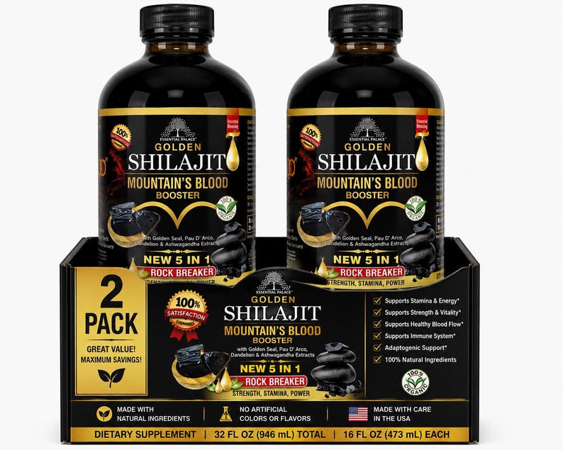 Puede incluir: Dos botellas de Golden Shilajit Mountain's Blood Booster, un suplemento diet&eacute;tico, se muestran en una caja negra. Las botellas son oscuras con etiquetas doradas y rojas. La caja tiene texto que dice "2 Pack" y "Great Value! Maximum Savings!"