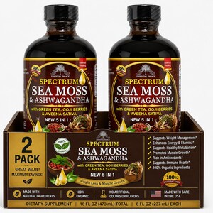 以下が含まれることがあります： Spectrum Sea Moss & Ashwagandhaのサプリメントボトル2本が箱に入っています。各ボトルは237ml入りです。ラベルには、体重管理や筋肉増強など、成分と利点に関する詳細が記載されています。