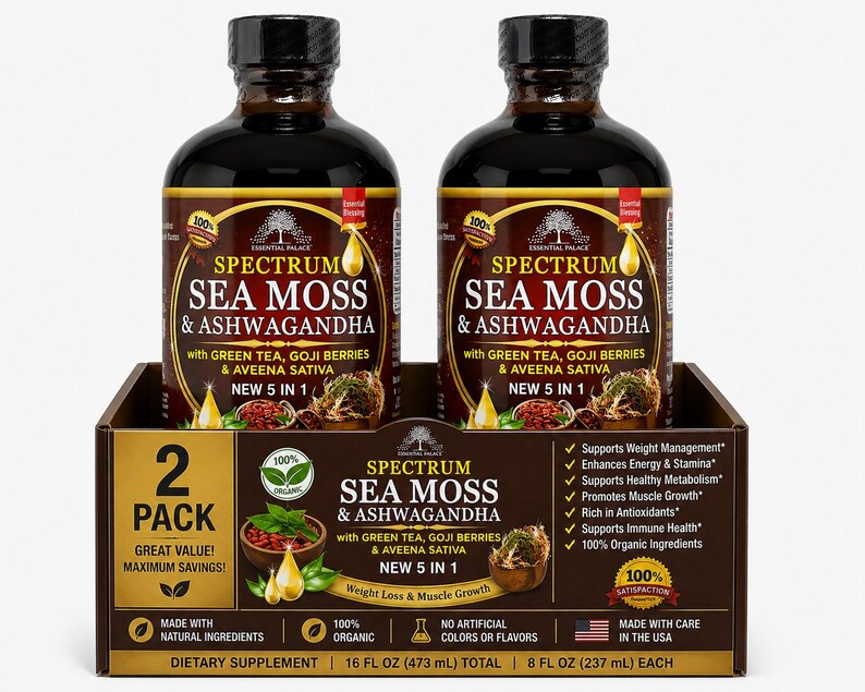 以下が含まれることがあります： Spectrum Sea Moss & Ashwagandhaのサプリメントボトル2本が箱に入っています。各ボトルは237ml入りです。ラベルには、体重管理や筋肉増強など、成分と利点に関する詳細が記載されています。