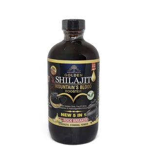 Puede incluir: Una botella marr&oacute;n oscuro de Golden Shilajit Mountain's Blood Booster. La etiqueta incluye el texto "NEW 5 IN 1 ROCK BREAKER" y "STRENGTH, STAMINA, POWER". La botella tiene una tapa negra y est&aacute; sobre un fondo blanco.