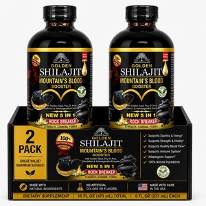 Puede incluir: Dos botellas de Golden Shilajit Mountain's Blood Booster, un suplemento diet&eacute;tico, se muestran en una bandeja negra. Cada botella es negra con texto dorado y blanco. Las botellas son de 473 ml y 237 ml cada una. El embalaje destaca los ingredientes naturales.