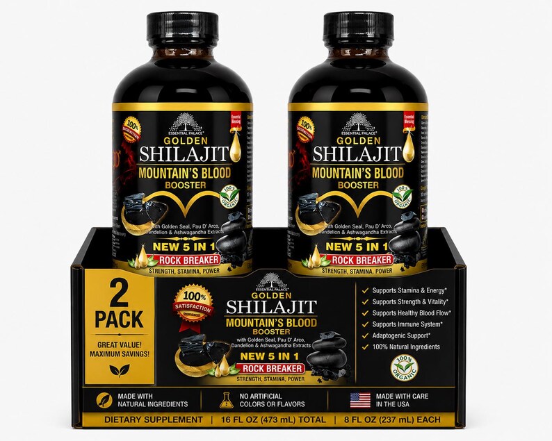 Puede incluir: Dos botellas de Golden Shilajit Mountain's Blood Booster, un suplemento diet&eacute;tico, se muestran en una bandeja negra. Cada botella es negra con texto dorado y blanco. Las botellas son de 473 ml y 237 ml cada una. El embalaje destaca los ingredientes naturales.