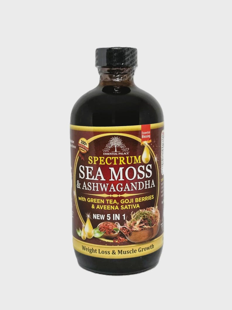 以下が含まれることがあります： Spectrum Sea Moss & Ashwagandhaの茶色のボトル。ラベルには、緑茶、クコの実、Aveena Sativaなどの成分に関するテキストが含まれています。ラベルには、減量と筋肉の成長についても記載されています。ボトルは黒いキャップで密封されています。
