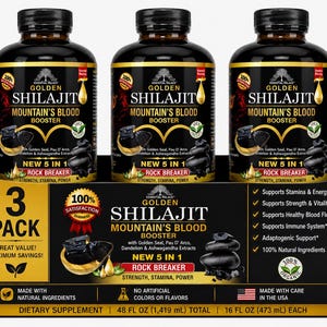 Puede incluir: Tres botellas de Golden Shilajit Mountain's Blood Booster en una caja negra. Cada botella tiene una tapa negra y una etiqueta con detalles dorados y rojos. La caja dice "3 Pack" y "Great Value! Maximum Savings!"