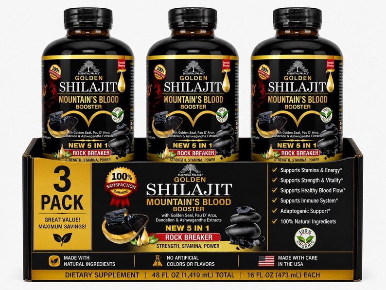Puede incluir: Tres botellas de Golden Shilajit Mountain's Blood Booster en una caja negra. Cada botella tiene una tapa negra y una etiqueta con detalles dorados y rojos. La caja dice "3 Pack" y "Great Value! Maximum Savings!"