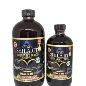 Puede incluir: Dos botellas de vidrio oscuro de Golden Shilajit Mountain's Blood Booster. Las etiquetas presentan texto dorado y negro con las palabras "Essential Palace" y "New 5 in 1 Rock Breaker". Las botellas est&aacute;n llenas de un l&iacute;quido oscuro.