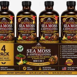 以下が含まれることがあります： Spectrum Sea Moss & Ashwagandhaのサプリメント4本入り。各ボトルは濃い茶色で黒いキャップ付き。箱には「4 Pack」と「Great Value!」の文字。1本あたり473ml。