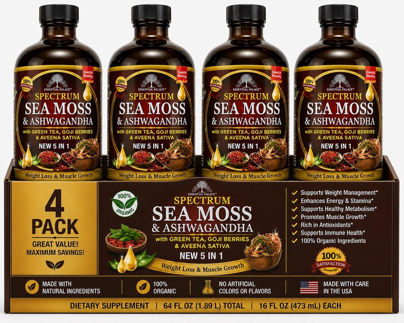 以下が含まれることがあります： Spectrum Sea Moss & Ashwagandhaのサプリメント4本入り。各ボトルは濃い茶色で黒いキャップ付き。箱には「4 Pack」と「Great Value!」の文字。1本あたり473ml。