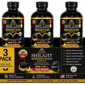 Puede incluir: Tres botellas de Golden Shilajit Mountain's Blood Booster en una caja expositora negra. Cada botella es oscura con tapa negra y etiqueta dorada. La etiqueta incluye texto y gr&aacute;ficos. La caja tiene texto que dice "3 Pack" y "Great Value! Maximum Savings!"