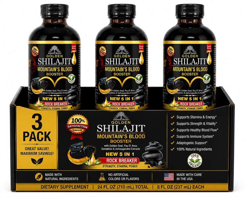 Puede incluir: Tres botellas de Golden Shilajit Mountain's Blood Booster en una caja expositora negra. Cada botella es oscura con tapa negra y etiqueta dorada. La etiqueta incluye texto y gr&aacute;ficos. La caja tiene texto que dice "3 Pack" y "Great Value! Maximum Savings!"