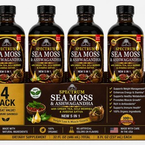 以下が含まれることがあります： Spectrum Sea Moss & Ashwagandhaのサプリメントボトル4本セット。各ボトルは黒いキャップで、製品情報が記載されています。パッケージには、緑茶やゴジベリーなどの成分と製品の利点が強調されています。各ボトルは合計946mlです。