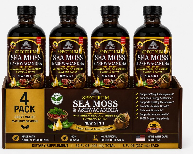 以下が含まれることがあります： Spectrum Sea Moss & Ashwagandhaのサプリメントボトル4本セット。各ボトルは黒いキャップで、製品情報が記載されています。パッケージには、緑茶やゴジベリーなどの成分と製品の利点が強調されています。各ボトルは合計946mlです。