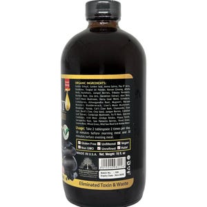 Puede incluir: Una botella marr&oacute;n oscuro con tapa negra, que contiene l&iacute;quido. La etiqueta detalla ingredientes org&aacute;nicos, instrucciones de uso y certificaciones. La botella contiene 473 ml y est&aacute; hecha en EE. UU. El texto de la etiqueta dice "Eliminated Toxin & Waste."
