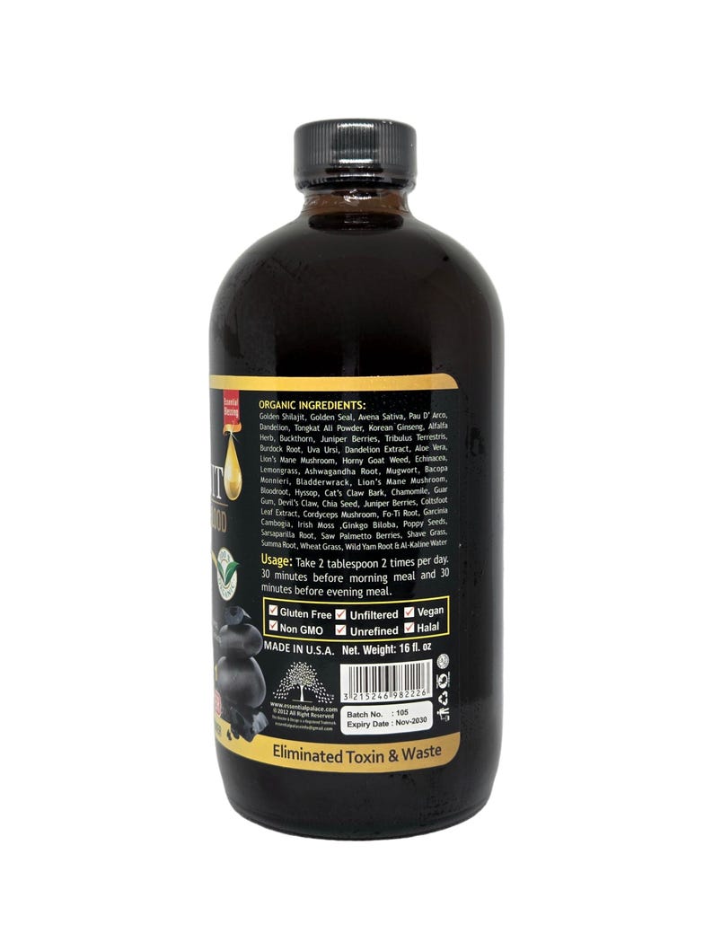 Puede incluir: Una botella marr&oacute;n oscuro con tapa negra, que contiene l&iacute;quido. La etiqueta detalla ingredientes org&aacute;nicos, instrucciones de uso y certificaciones. La botella contiene 473 ml y est&aacute; hecha en EE. UU. El texto de la etiqueta dice "Eliminated Toxin & Waste."