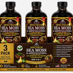 以下が含まれることがあります： Spectrum Sea Moss & Ashwagandhaのサプリメントボトルの3パック。 各ダークブラウンのボトルには黒いキャップとテキストとグラフィックのラベルが付いています。 ボックスには「3 Pack」と「Great Value！」という文字も表示されています。