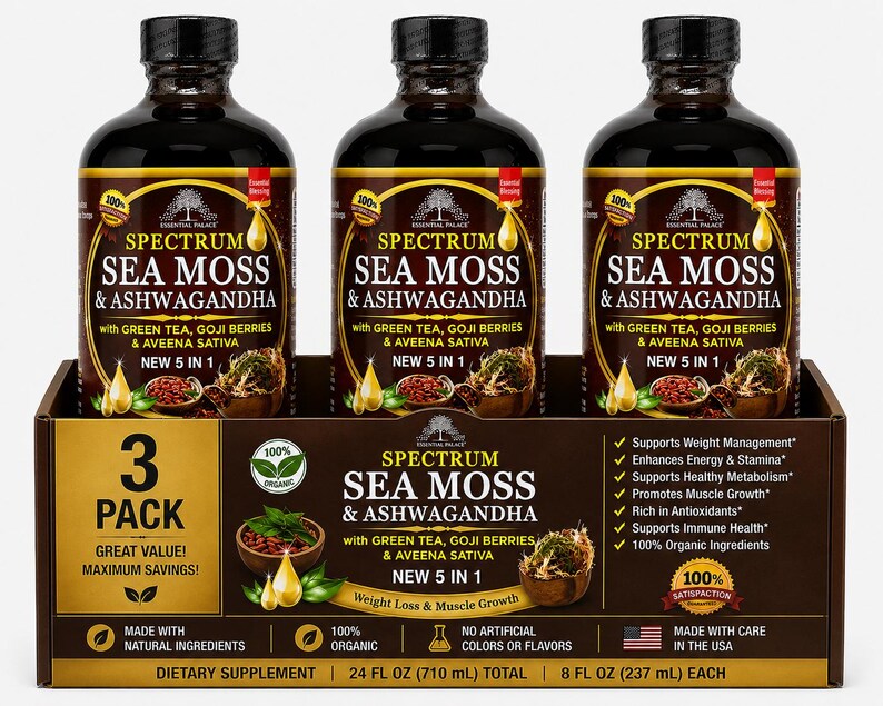 以下が含まれることがあります： Spectrum Sea Moss & Ashwagandhaのサプリメントボトルの3パック。 各ダークブラウンのボトルには黒いキャップとテキストとグラフィックのラベルが付いています。 ボックスには「3 Pack」と「Great Value！」という文字も表示されています。